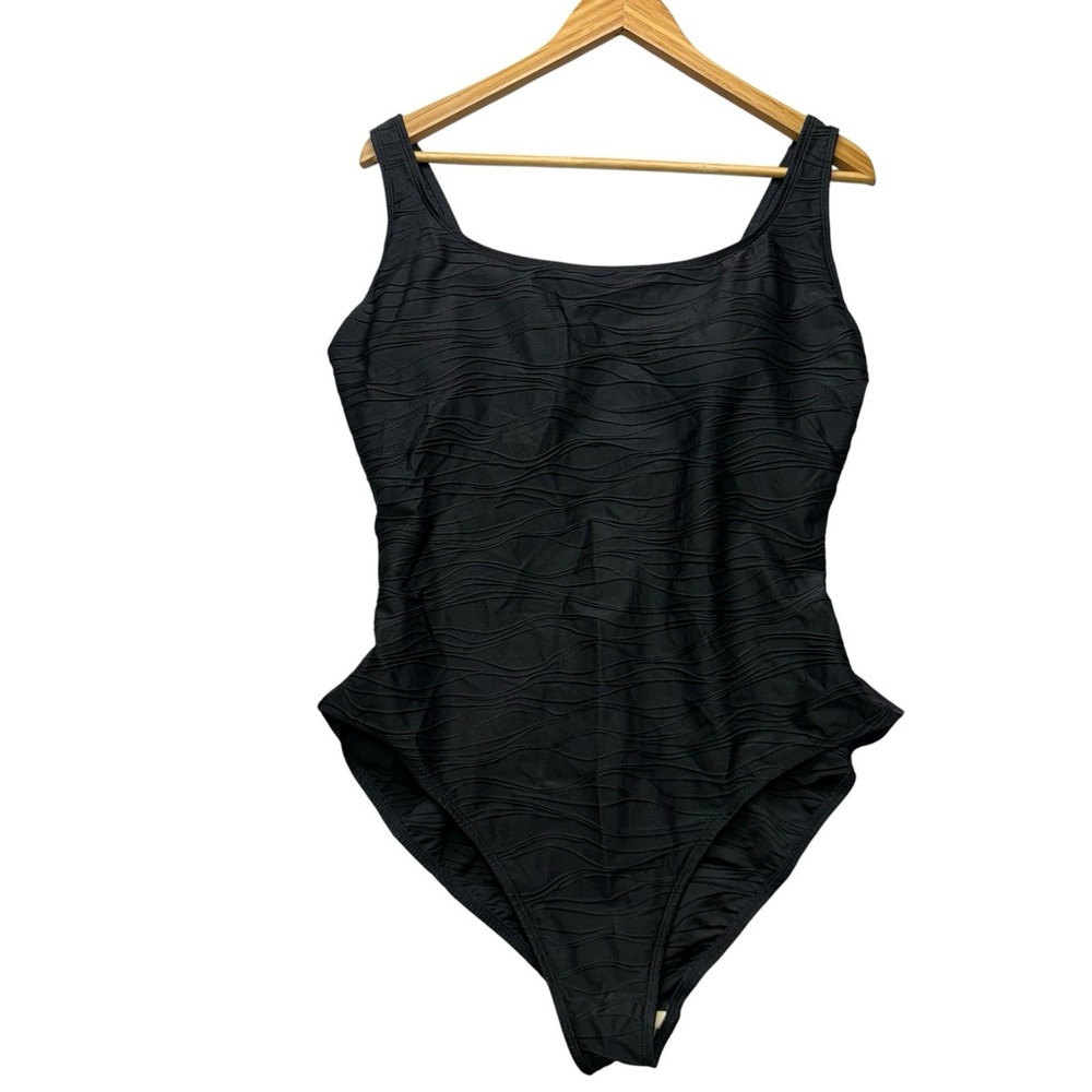 Cherokee Womens Swimsuit 20W Black Textured One Piece Swim Vintage Low Back